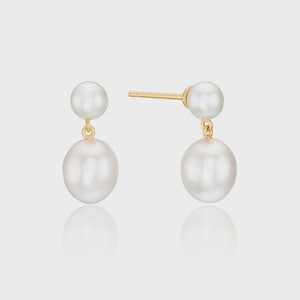 Natural Freshwater Pearl Drop Earrings in Sterling Silver, Silver or Gold, Delicate Double Pearl Earrings, Double Pearl Stud Dangle Earrings