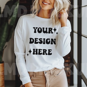 Bella Canvas 3501 Mockup|3501 Model Mockup|3501 Mockup|Bella Canvas Long Sleeve Shirt Mockup|White Long Sleeve Boho Mockup