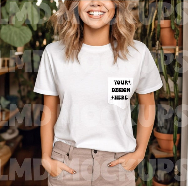 Bella Canvas 3021 Pocket T-shirt Mockup|Plant  Shirt Mock|Tshirt Mockup|White Shirt Mockup|Pocket T-shirtMockup|Boho Mockup|Model Mockup