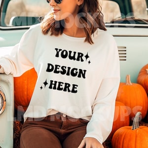 Bella Canvas Mockup 3501 Fall Mockup|Bella Canvas 3501 White|White Long Sleeve Tshirt Model Mock up|Long Sleeve Pumpkin Fall Mockup