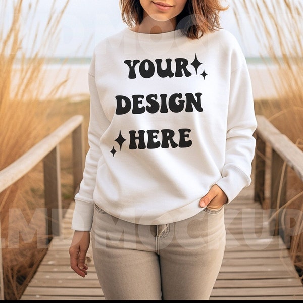 Gildan 18000 White Crewneck Beach Mockup||Crewneck Mockup|Model Mockup|Gildan 18000 Mockup|White Sweatshirt Mockup|18000 Lifestyle Mock