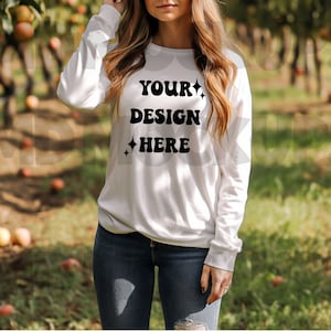 Bella Canvas Mockup 3501 Fall Mockup|Bella Canvas 3501 White|White Long Sleeve Tshirt Model Mock up|Long Sleeve Apple Orchard Fall Mockup