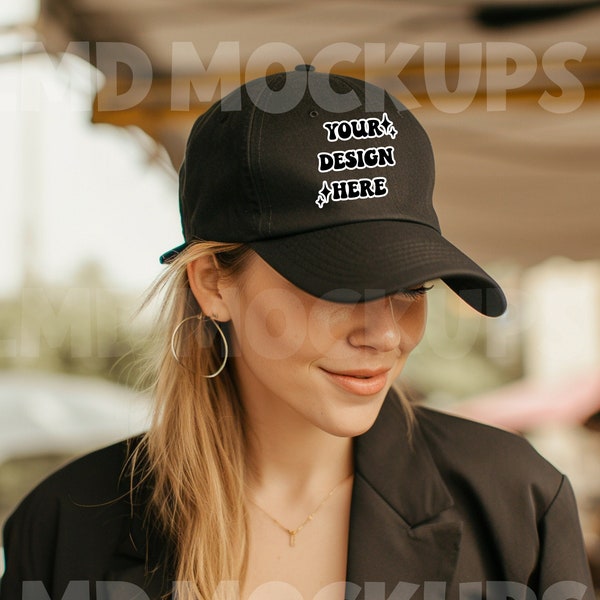 Blank Black Unisex Sport Baseball Hat Cap Mockup Photo| Woman Wearing Hat Model Mockup|Printify Hat Mockup|Baseball Cap Mock up