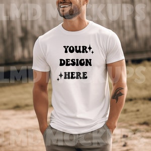 White Bella Canvas 3001 Mockup|T-Shirt Mockup|Male t-shirt Mockup|Model Mockup|Styled Shirt Mockup|Outdoor Men&#39;s Mock|Model 3001 Mock