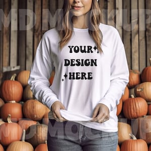 Bella Canvas Mockup 3501 Fall Pumpkins Mockup|Bella Canvas 3501 White|White Long Sleeve Tshirt Model Mock up|Long Sleeve Pumpkin Fall Mockup