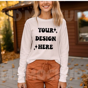 Bella Canvas Mockup 3501 Fall Mockup|Bella Canvas 3501 White|White Long Sleeve Tshirt Model Mock up|Long Sleeve Pumpkin Fall Mockup