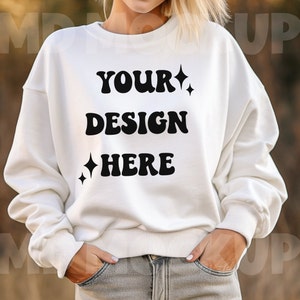 Gildan 18000 White Crewneck Fall Mockup||Crewneck Mockup|Model Mockup|Gildan 18000 Mockup|White Sweatshirt Mockup|18000 Lifestyle Mock