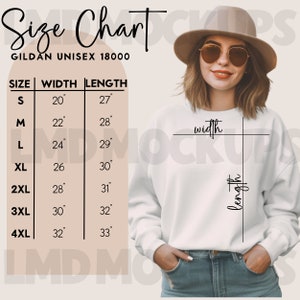 Gildan 18000 Tabla de tallas de suéteres, Tabla de tallas de sudaderas Gildan,Tabla de tallas de sudaderas unisex Tabla de tallas de impresión bajo demanda, Tabla de tallas unisex