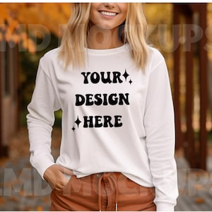 Bella Canvas Mockup 3501 Fall Mockup|Bella Canvas 3501 White|White Long Sleeve Tshirt Model Mock up|Long Sleeve Pumpkin Fall Mockup