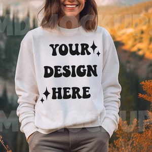 Gildan 18000 White Crewneck Fall Mockup||Crewneck Mockup|Model Mockup|Gildan 18000 Mockup|White Sweatshirt Mockup|18000 Outdoor Mock