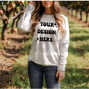 Bella Canvas Mockup 3501 Fall Mockup|Bella Canvas 3501 White|White Long Sleeve Tshirt Model Mock up|Long Sleeve Apple Orchard Fall Mockup
