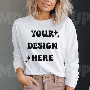 Bella Canvas White 3501 Mockup|3501 Model Mockup|3501 Mockup|Bella Canvas Long Sleeve Shirt Mockup|White Long Sleeve Boho Mockup