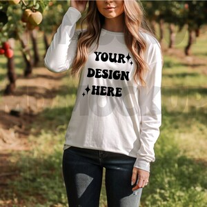 Bella Canvas Mockup 3501 Fall Mockup|Bella Canvas 3501 White|White Long Sleeve Tshirt Model Mock up|Long Sleeve Apple Orchard Fall Mockup