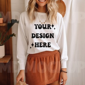 Bella Canvas White 3501 Mockup|3501 Boho Model Mockup|3501 Mockup|Bella Canvas Long Sleeve Shirt Mockup|White Long Sleeve Fall Mockup