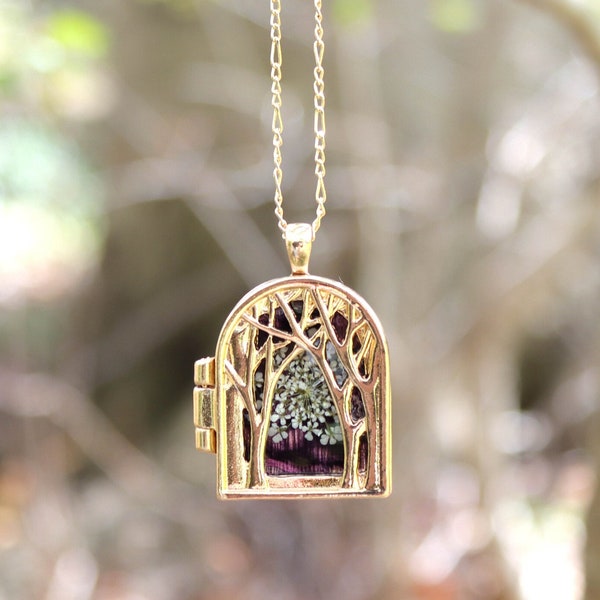 Gold Tree Locket Necklace, White Pressed Flower in Purple Resin Pendant, Nature Inspired Jewelry, Magical Forest Art, Birthday Gift