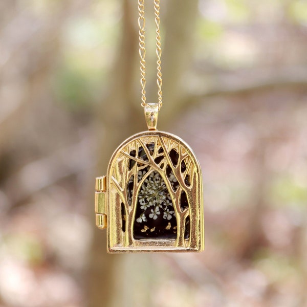 Gold Tree and White Pressed Flower Locket, Dark Purple and Gold Necklace, Whimsical Jewelry, Unique Birthday Gifts for her