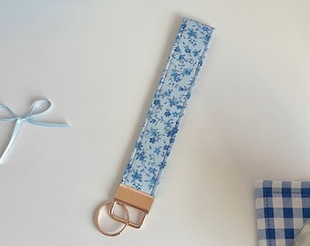 Handmade Blue Floral Keychain Wristlet: Cotton Key Fob