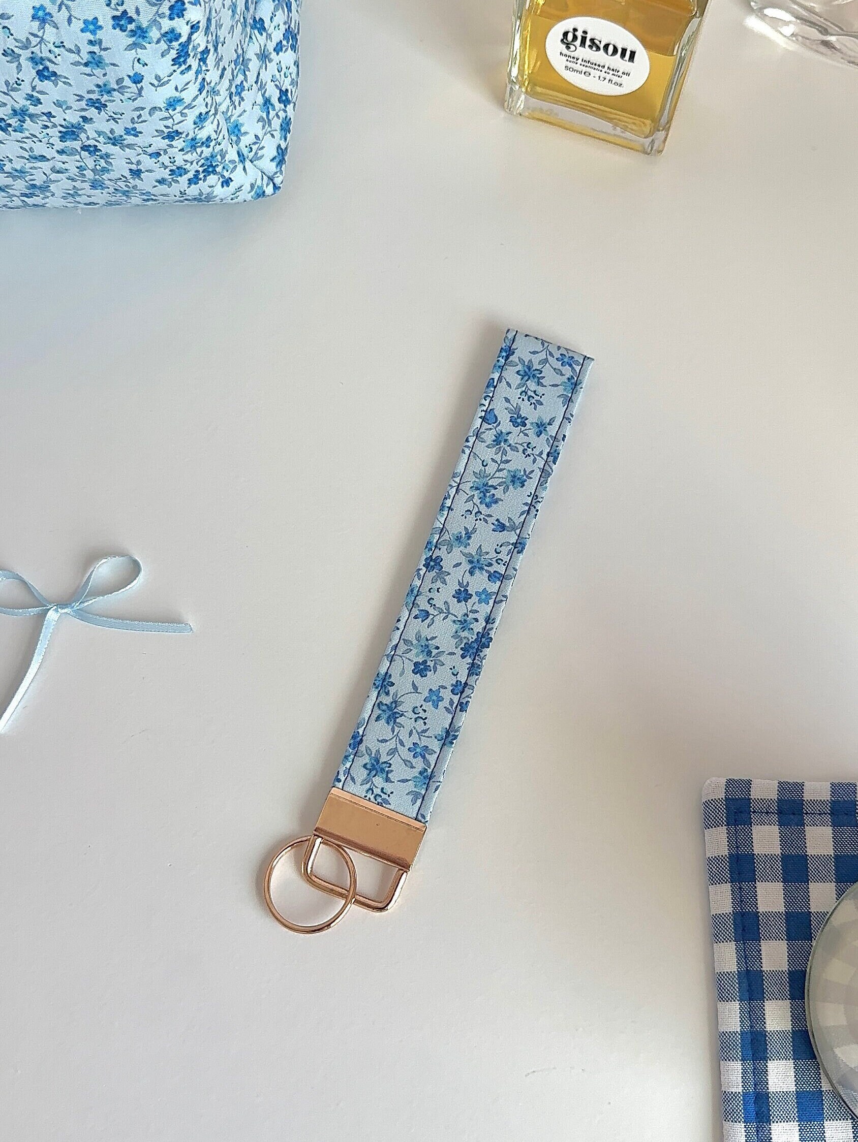 Handmade Blue Floral Keychain Wristlet: Cotton Key Fob - Etsy