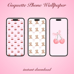 Coquette Phone Wallpaper - Digital Wallpaper - Cherry Wallpaper - Bow Wallpaper - Teddy Bear Wallpaper - Phone Backround - Girly Phone