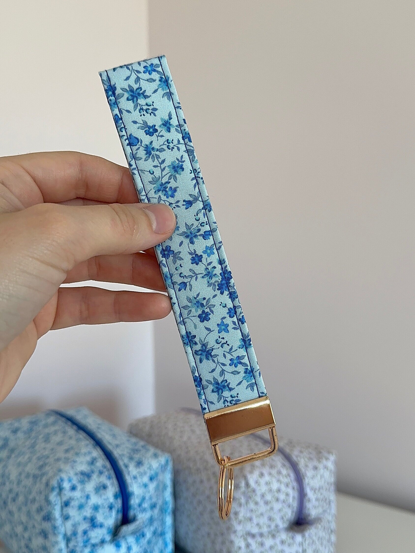 Handmade Blue Floral Keychain Wristlet: Cotton Key Fob - Etsy