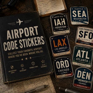 May include: A black book titled AIRPORT CODE STICKERS with a small airplane icon, accompanied by six rectangular vinyl stickers featuring airport codes and city names including SEA, IAH, LAX, SFO, ATL, ORD, and DEN, all with distinct color schemes.