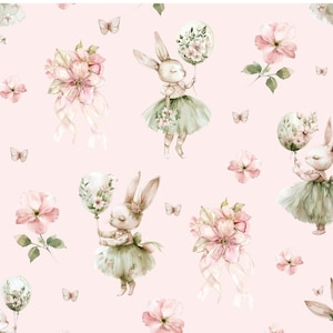 Peut inclure: Un motif sans couture avec des illustrations à l'aquarelle de lapins portant des tutus verts et tenant des ballons avec des accents floraux. Le fond est de couleur rose pâle et le motif comprend des fleurs roses et des papillons.