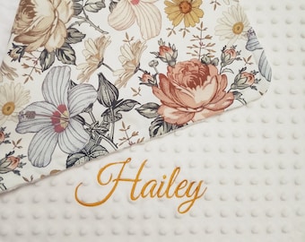 Vintage Flowers Baby Girl Blanket - Floral Crib Bedding Personalized Blanket - Earth Color Nursery Bedding - Minky Blanket Name Newborn Gift