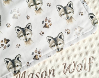 Little Wolf Personalized Blanket, Baby Boy Blanket Wolf Baby Shower Gift, Cotton Minky Animals Crib Blanket, Gift for Newbor Wolf Blanket