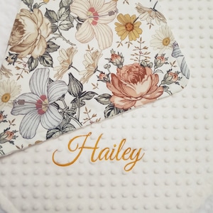 Vintage Flowers Baby Girl Blanket - Floral Crib Bedding Personalized Blanket - Earth Color Nursery Bedding - Minky Blanket Name Newborn Gift