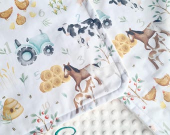 Farm Animals Baby Blanket - Custom Name Receiving Blanket - Personalised Baby Shower Present Idea - Cow Nursery - Horse Swaddle