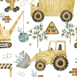 Puede incluir: Una ilustración de acuarela de vehículos de construcción y plantas. Los vehículos son amarillos e incluyen un camión volquete, una excavadora, una retroexcavadora y una mezcladora de cemento. La ilustración también incluye un cartel que dice "Arreglando el planeta" y otro cartel que dice "Área de plantación".
