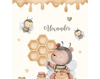 Personalized Bee Honey Baby Blanket, Custom Name Nursery Crib Bedding