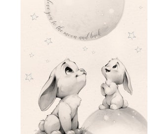 Personalized Bunny Baby Blanket, I Love You Moon Nursery Gift, Cotton Minky Crib Quilt