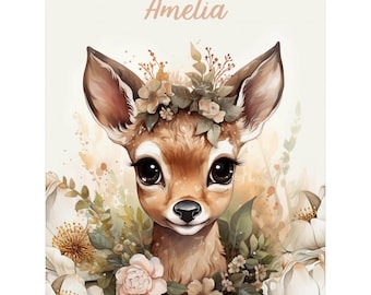 Boho Deer and Flowers Baby Girl Blanket, Personalized Blanket Deer, Boho animals baby shower gift, Deer crib blanket name, Newborn girl gift