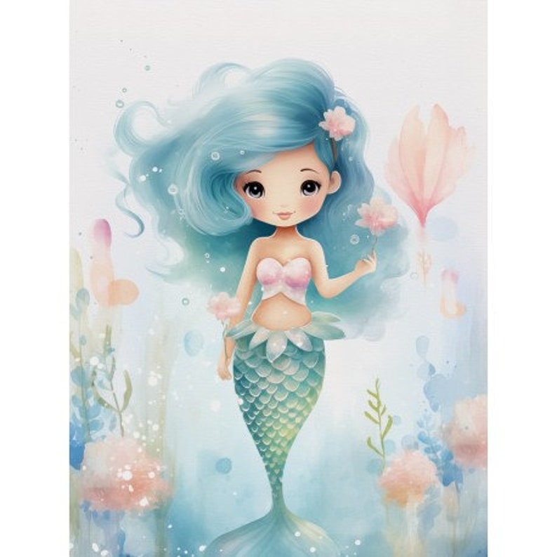 May include: A blue-haired mermaid with a pink seashell bra and a green tail holds a pink flower in her hand. The background is a watercolor painting of a blue ocean with pink flowers.