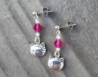 Small Silver Kitty Dangle Earrings