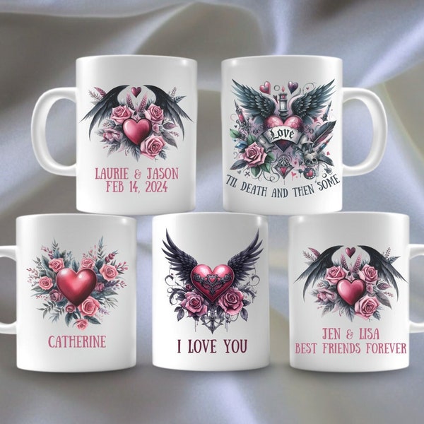 Mug gothique roses et coeurs - Mug en céramique personnalisé - Mug ami - Mug couple - Mug Saint Valentin - Cadeau pour elle - Cadeau pour lui