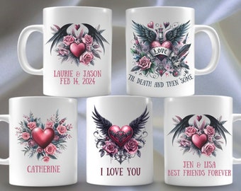 Roses and Hearts Gothic Mug - Personalized Ceramic Mug - Friend Mug - Couple Mug - Valentine's Day Mug - Gift For Her - Gift For Him
