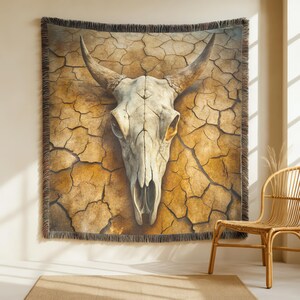 Vintage Style Western Desert Skull Throw Blanket  | Southwestern Woven Tapestry | Country Cabin Décor | Housewarming Gift
