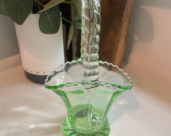 Vintage Uranium Glass Basket Green Hi Handle Basket Vase 6in. Depression Era.