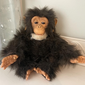 May include: A plush chimpanzee doll with a brown face, ears, hands, and feet. The doll has dark brown fur and is wearing a white collar. The chimpanzee is sitting with its arms and legs outstretched.
