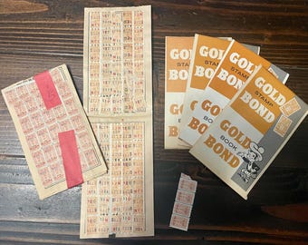 Vintage Gold Bond Books and Stamps. Featuring Sandy Savor mascot. 1950s.