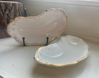 Vintage W H Grindley Crescent Bone Dishes, Gold Leaf Porcelain