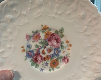 Vintage Pope-Gosser china tea cup saucer in the "Rose Point" pattern. 1930s.