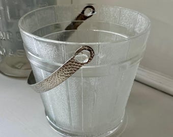 Vintage Frosted Glass Ice Bucket: Hammered Steel Handle, Wooden Barrel Design, MCM Barware