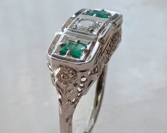 Vintage Emerald Diamond Ring, 14K Old European Cut Diamond