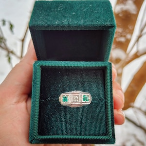 Vintage smaragdgroene diamanten ring, 14K oud Europees geslepen diamant