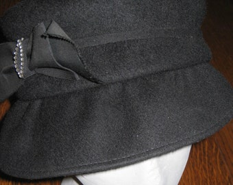 Vintage Gatsby/Flapper/Bucket Hat, Black Wool Felt with Rhinestone accent, Ritz, Henry Pollack, NY