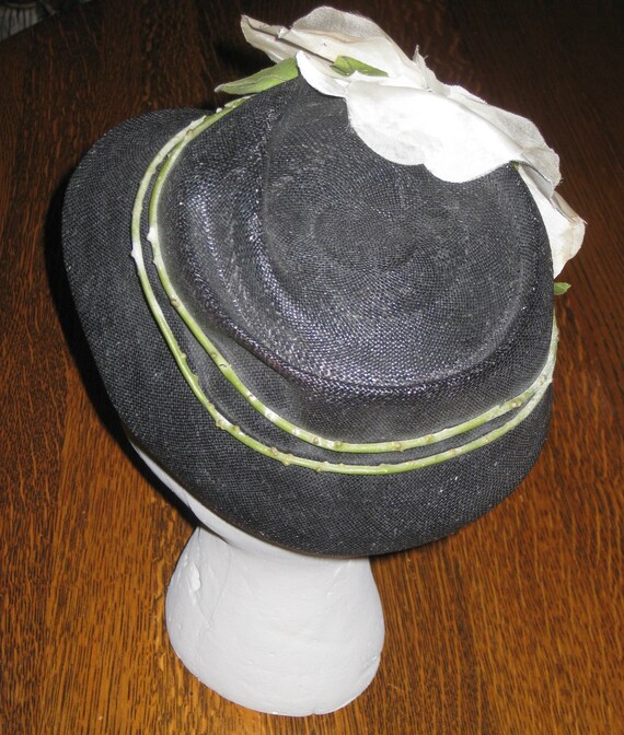 Vintage Hat, Navy Blue stiff woven fabric with la… - image 4