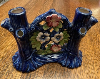 Vintage Blue Ceramic Pottery Double Tree Stump Floral Vase/Flower Frog